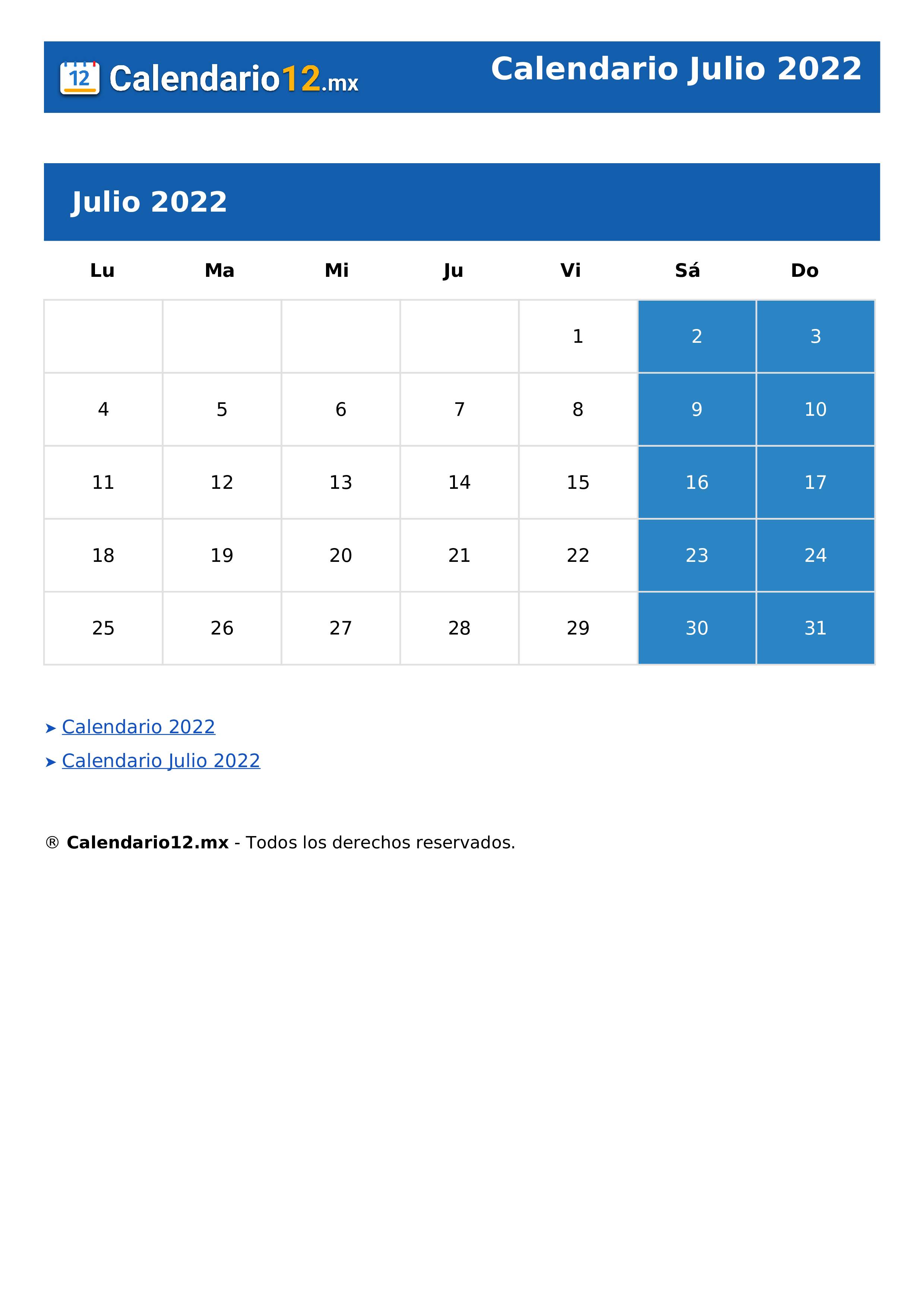 Calendario Julio 2022