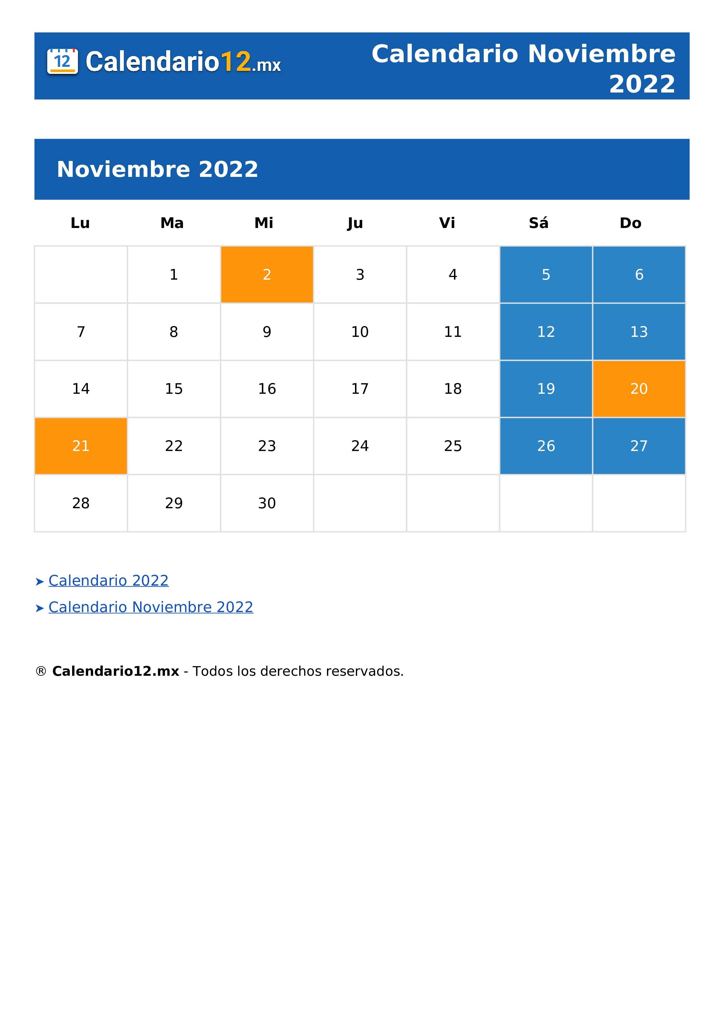 Calendario Noviembre 2022