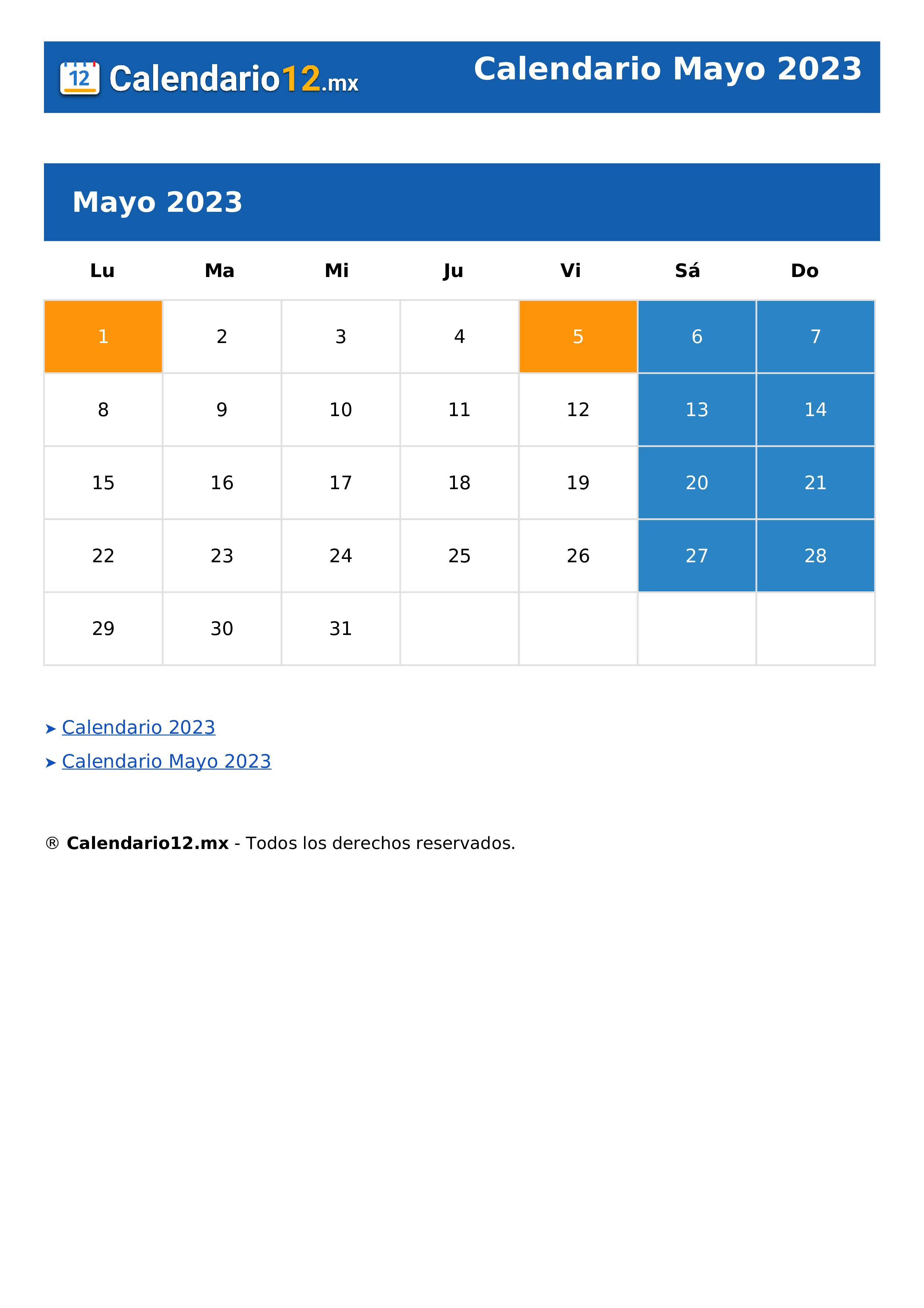Calendario Mayo 2023