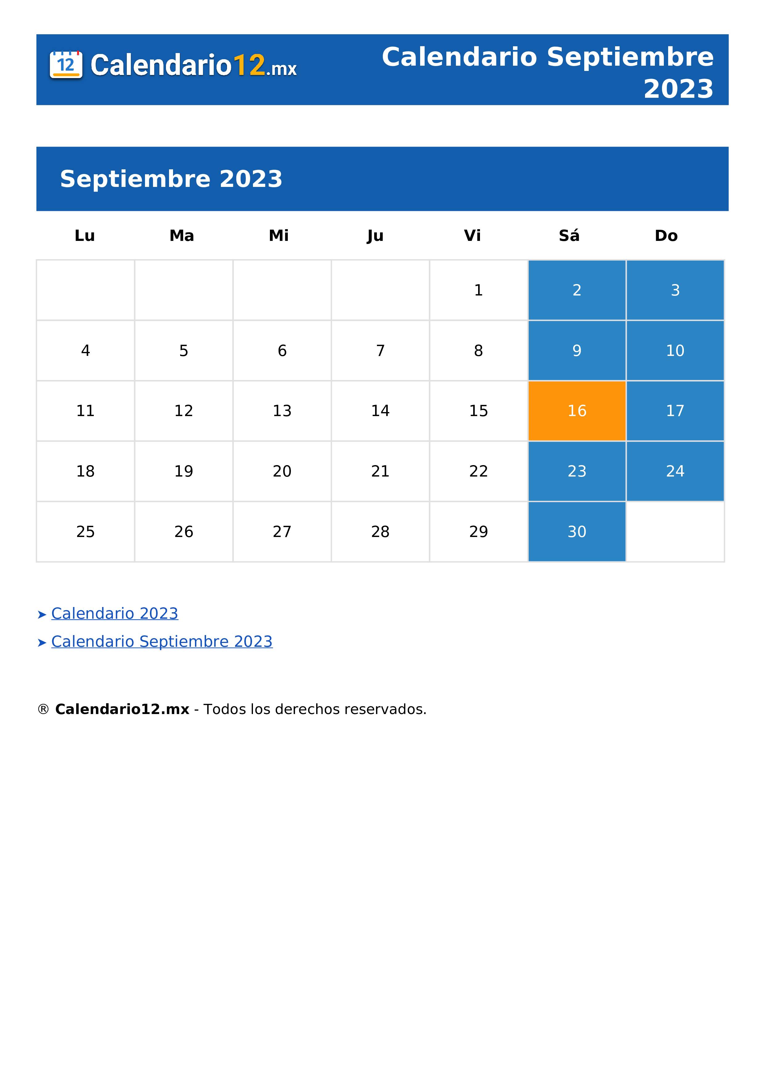 Calendario Septiembre 2023